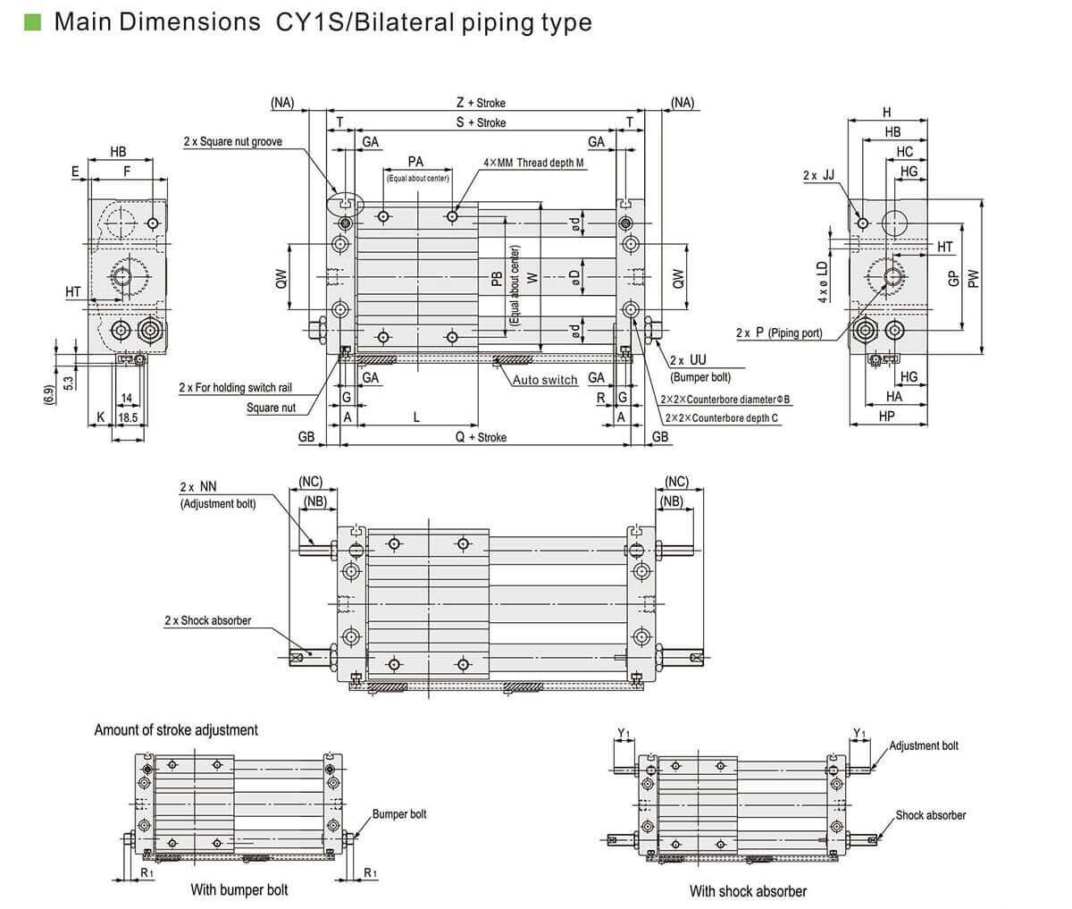 rodless cylinder dimensions مخطط اسطوانة الهواء بدون قضيب