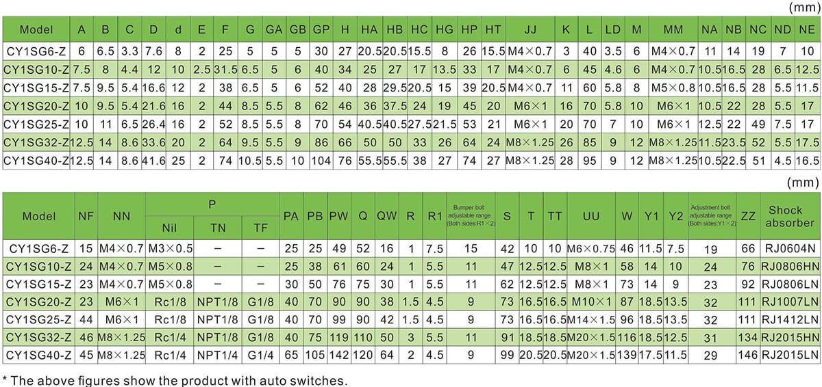 rodless air cylinder size chart اسطوانة هوائية بدون قضبان